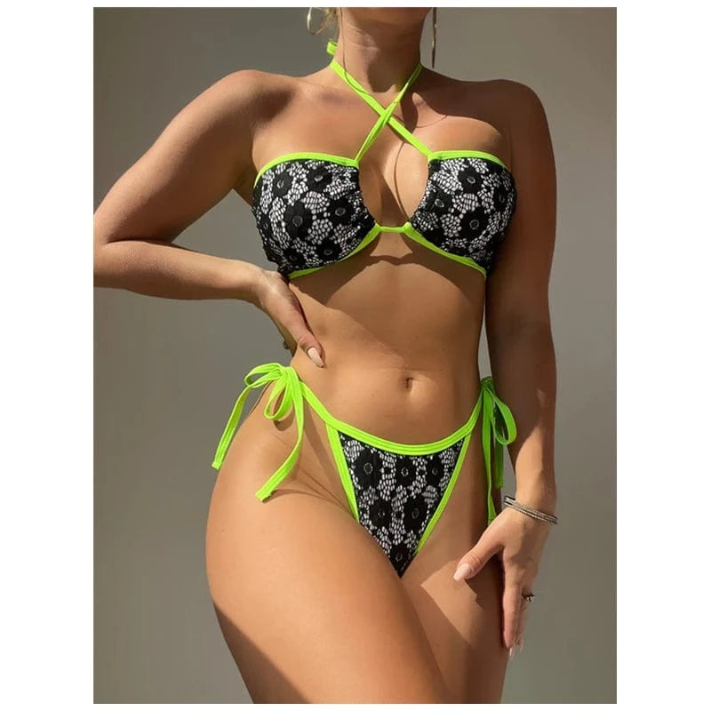 Sexy Snake Skin Two Piece Bikini 2024 Mesh Neon Green Black Patchwork Micro Swimsuit Halter Cross Push Up Beach Bathing Suit
