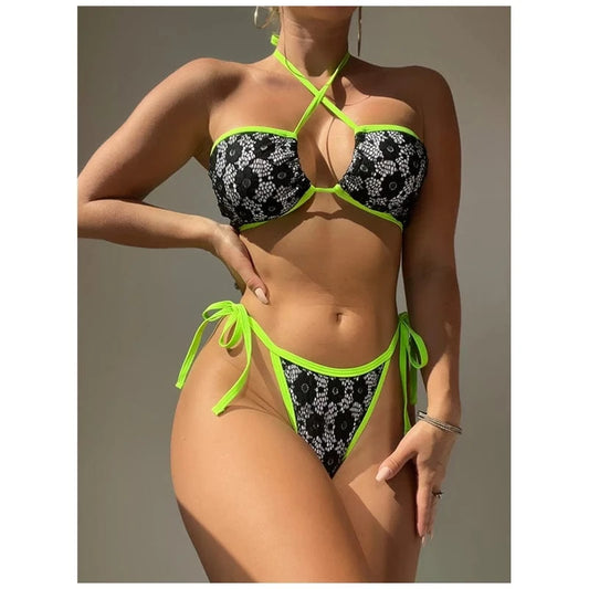 Sexy Snake Skin Two Piece Bikini 2024 Mesh Neon Green Black Patchwork Micro Swimsuit Halter Cross Push Up Beach Bathing Suit
