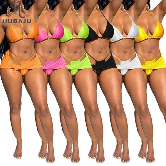 Sexy Soild Bikini Set Micro Thong Women Skirt Cover Up 3 Piece Swimsuit 2024 Lace Up Bathing Suit Halter String Swimwear