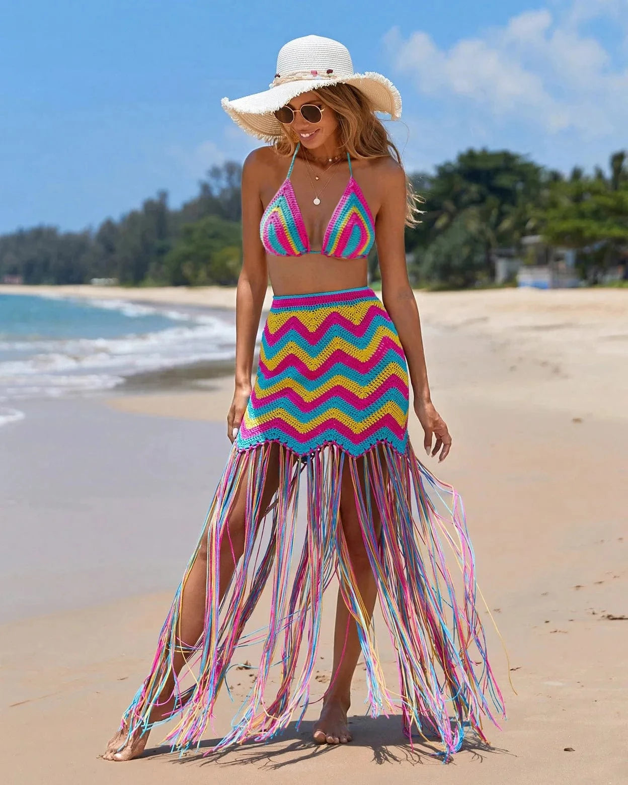 Sexy summer dress 2024 beach knit two piece crochet fringe cover up dress