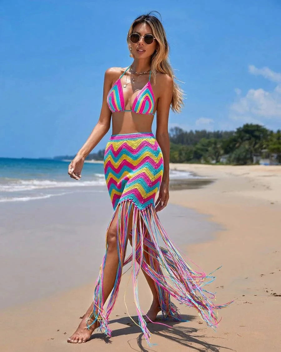 Sexy summer dress 2024 beach knit two piece crochet fringe cover up dress