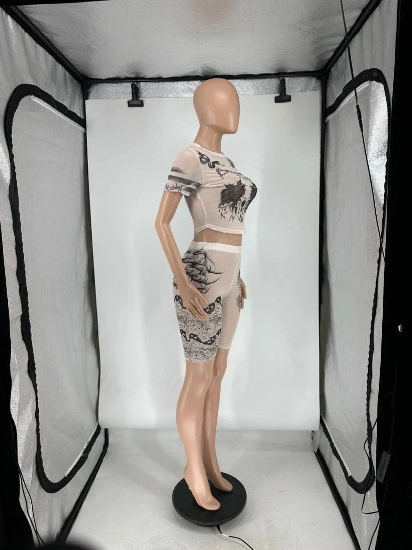 Sexy Summer Outfits for Woman 2024 Fashion Print See Through 2 Piece Set Hipster Crop Tops and Shorts Custom Two Piece Set Women