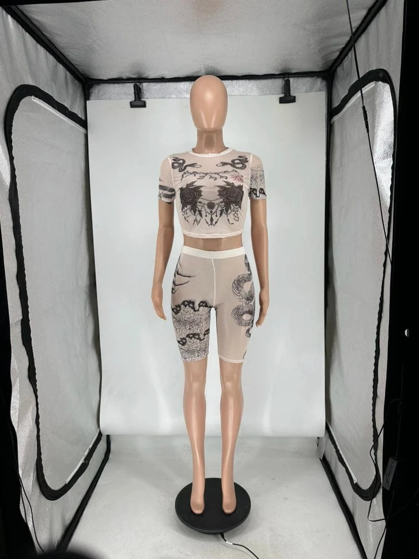 Sexy Summer Outfits for Woman 2024 Fashion Print See Through 2 Piece Set Hipster Crop Tops and Shorts Custom Two Piece Set Women