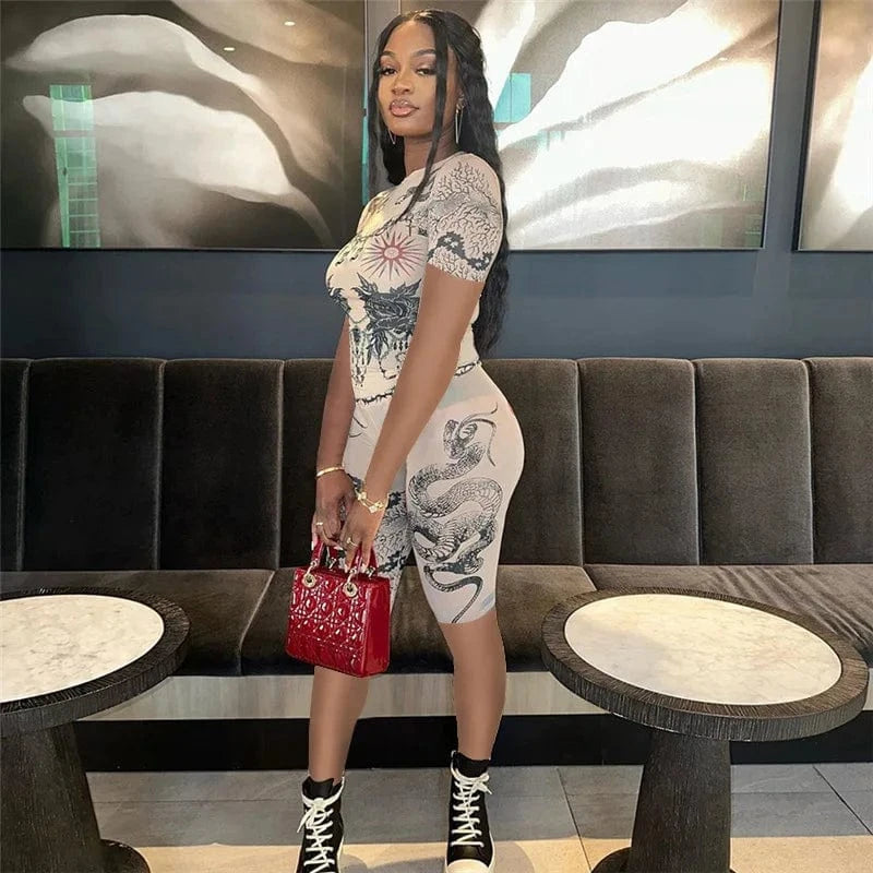 Sexy Summer Outfits for Woman 2024 Fashion Print See Through 2 Piece Set Hipster Crop Tops and Shorts Custom Two Piece Set Women