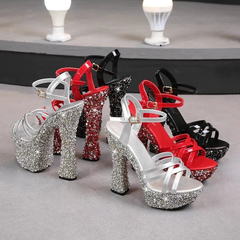 Sexy Summer Shoes Ladies 18 CM Glitter Chunky Heels Platform Sandals Nightclub Women High Heel Sandals