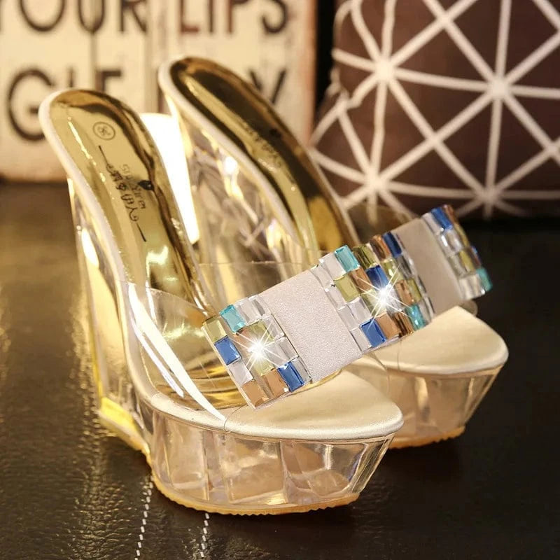 Sexy summer woman wedges sandals crystal 15 cm wedge high heeled ladies slipper shoes big size stripper shoes women with diamond
