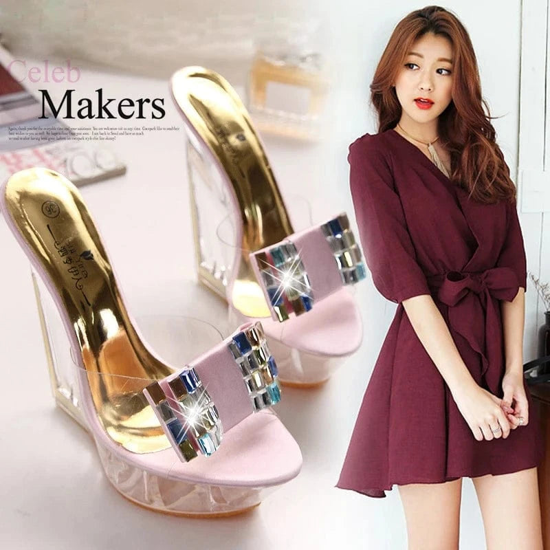 Sexy summer woman wedges sandals crystal 15 cm wedge high heeled ladies slipper shoes big size stripper shoes women with diamond