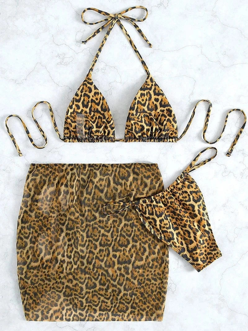 Sexy Three Pieces Bikini Set Leopard Halter Women Swimwear 2024 NWT With Beach Cover Up Backless Bandage Swimsuit Bathing Suit