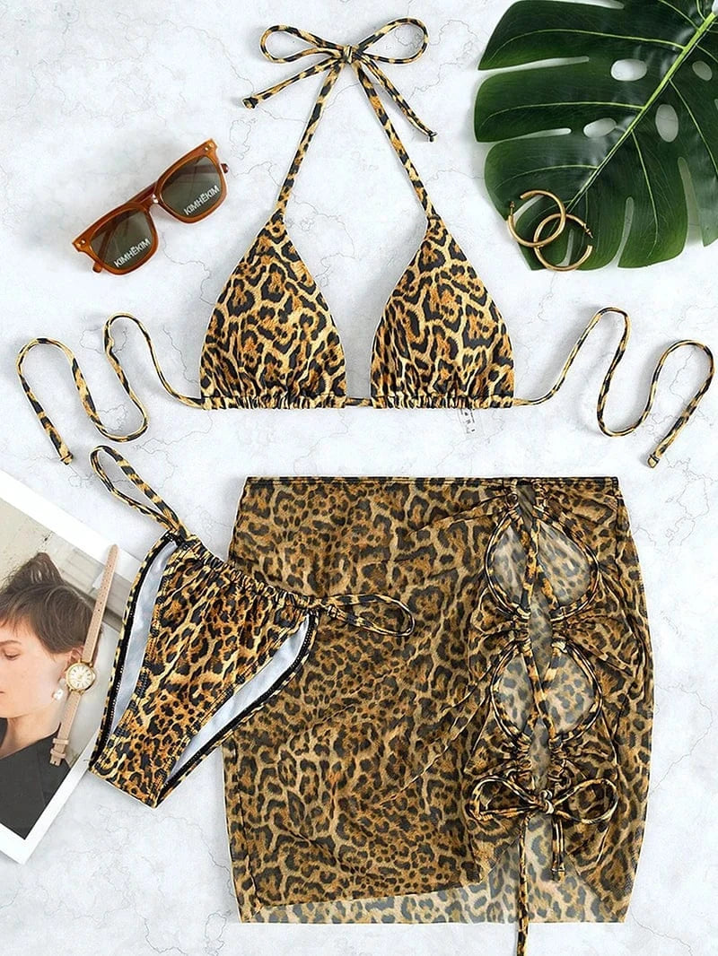 Sexy Three Pieces Bikini Set Leopard Halter Women Swimwear 2024 NWT With Beach Cover Up Backless Bandage Swimsuit Bathing Suit