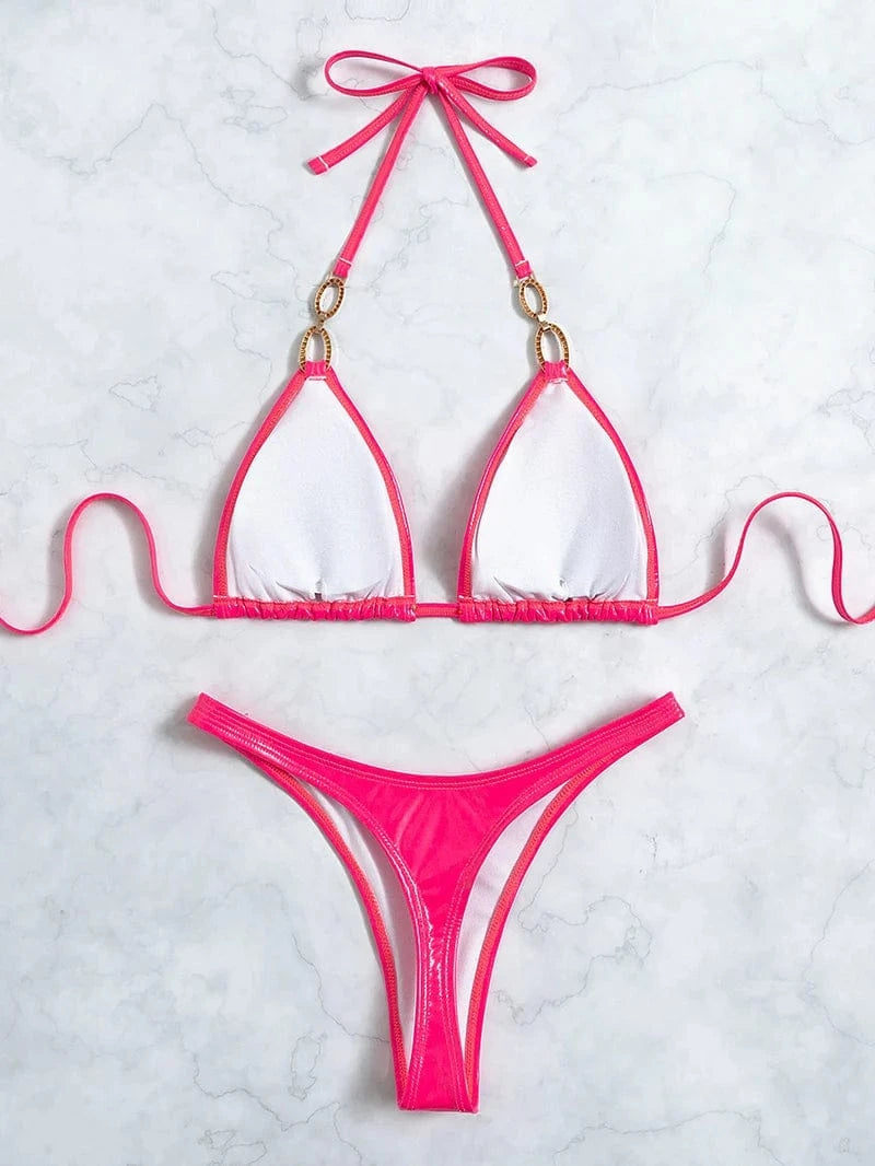 Sexy Triangle Bag Halter PU Leather Bikinis 2024 Woman Backless Lace Up Swimwear Low Waist Thong Swimsuit Summer Beach Bath Suit