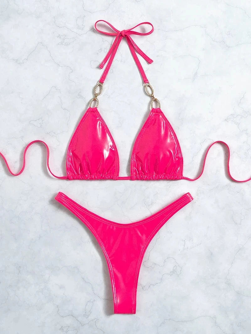 Sexy Triangle Bag Halter PU Leather Bikinis 2024 Woman Backless Lace Up Swimwear Low Waist Thong Swimsuit Summer Beach Bath Suit