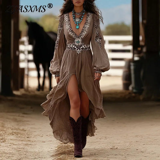 Sexy V Neck Solid Pleated Womans Long Dress Retro Ethnic A - Line Lantem Sleeve Party Dress New Boho Print Irregular Party Dresses - SN Wigs & More