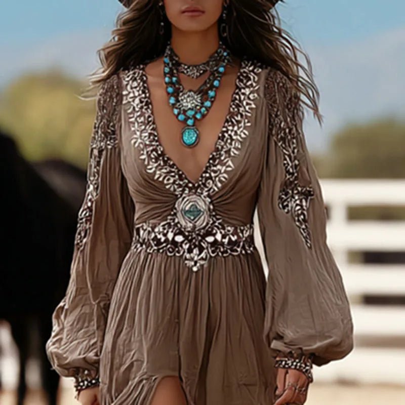 Sexy V Neck Solid Pleated Womans Long Dress Retro Ethnic A - Line Lantem Sleeve Party Dress New Boho Print Irregular Party Dresses - SN Wigs & More