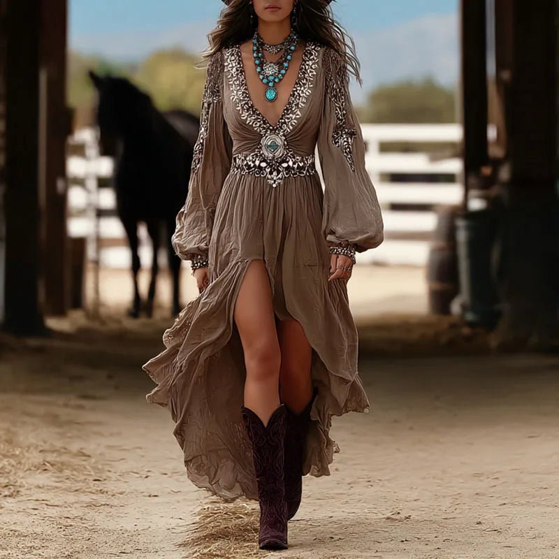 Sexy V Neck Solid Pleated Womans Long Dress Retro Ethnic A - Line Lantem Sleeve Party Dress New Boho Print Irregular Party Dresses - SN Wigs & More