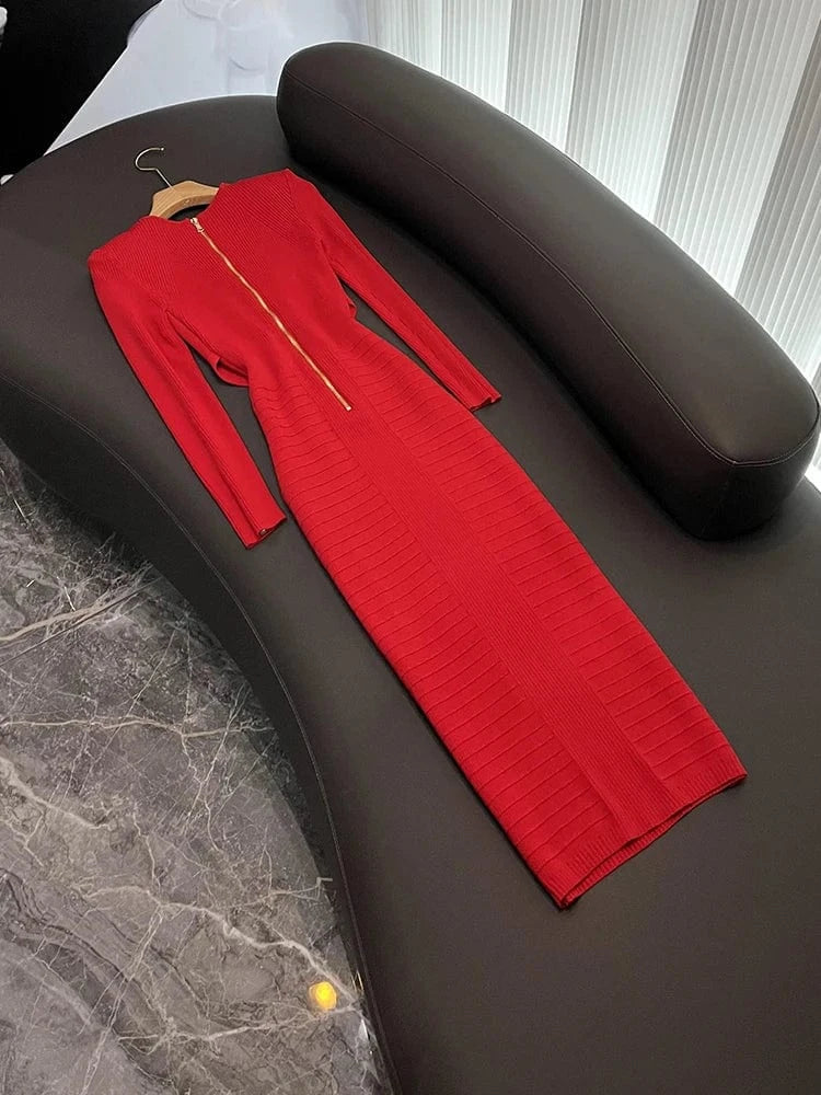 Sexy V-Neckline Slim Fitted Lady Spring Fall Winter Long Sleeve Stitching Women Solid Long Knitted Dress