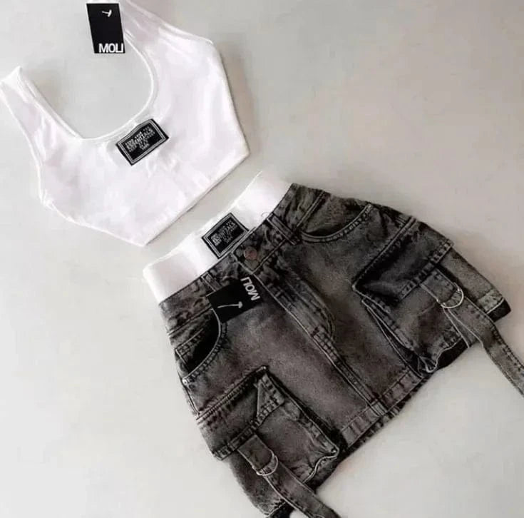 Sexy Vest T-shirt Two-piece Set Y2K Korean Sweet Slim Fit Vest Harajuku Low Waist Patchwork Spicy Girl Denim Skirt