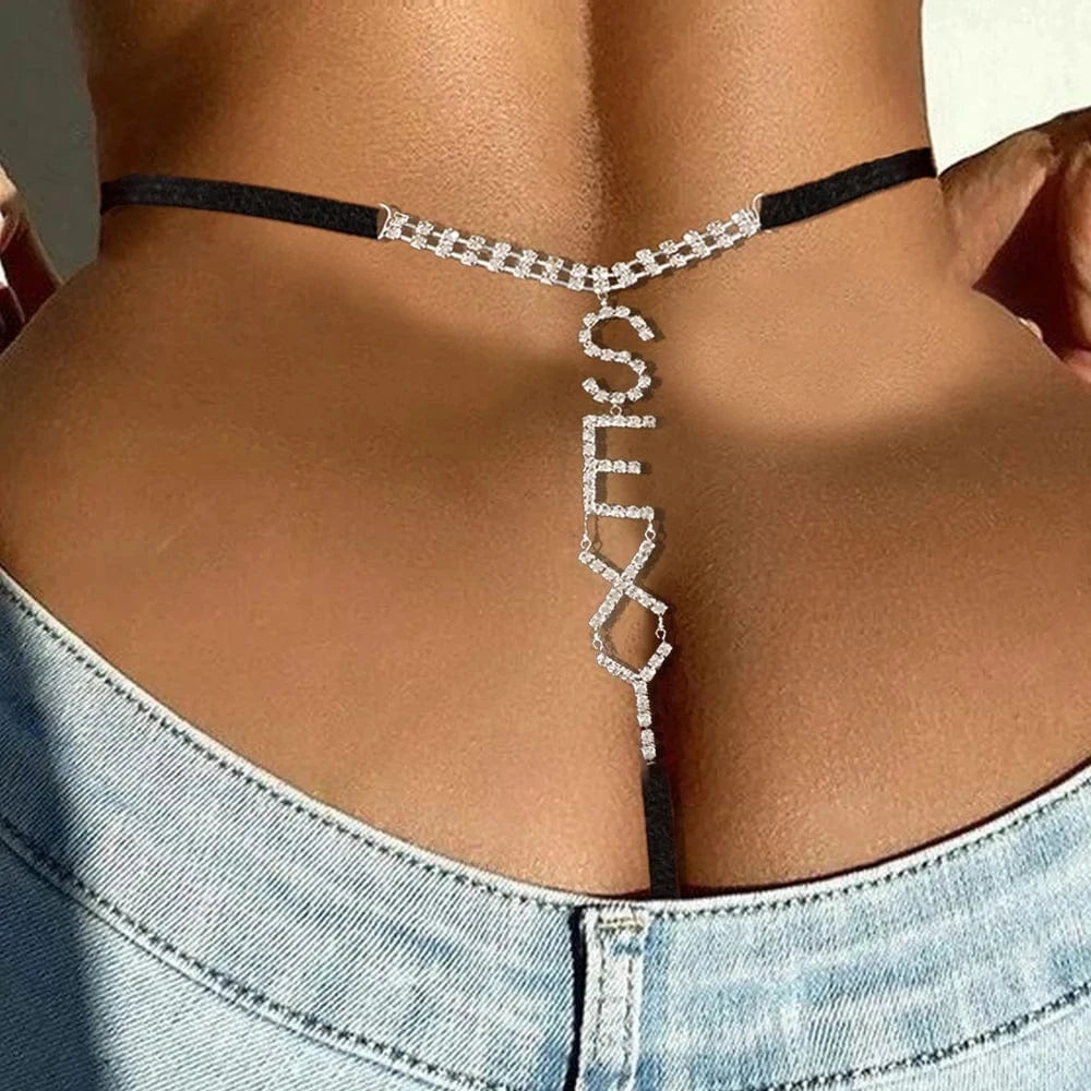 Sexy Women Beach Bikini Thong Underwear Fashion Crystal Letter SEXY Panties Body Jewelry 2022