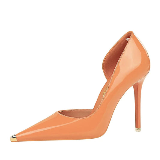 Sexy Women Pumps Hot Sale Patent Leather Metal Decor Shoes Shallow Side Hollow Out Super High Heel Pumps Ladies Club Party Shoes