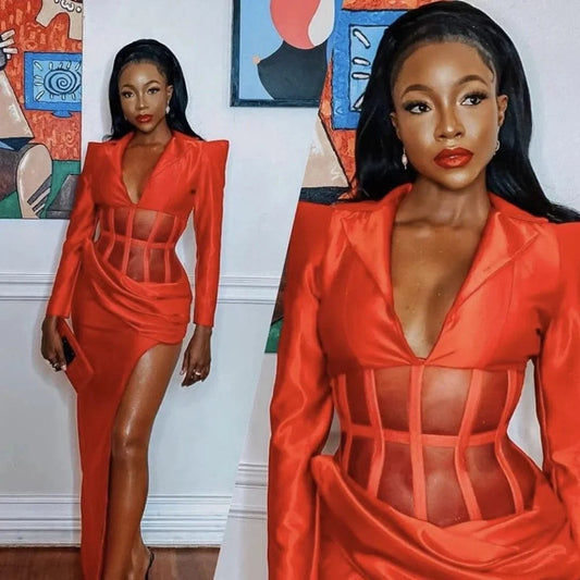 Sexy Women Red Hollow Open Back Lace-up Slim Dress Pleated High Split V-Neck Long Dress  Elegant Evening Club Gown Party Dress