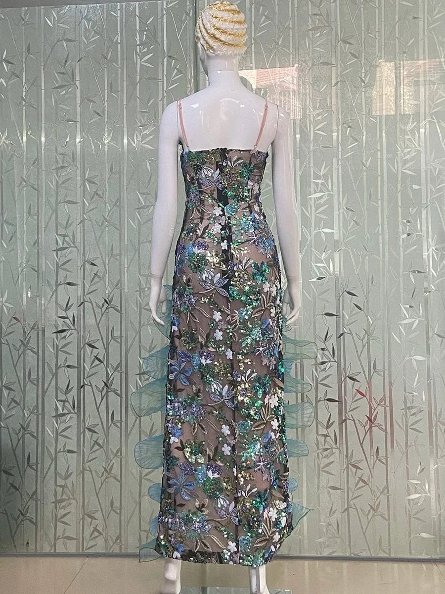 Sexy Women's Slip Straps Floral Embroidered Sequin Mermaid Dress High Split Ruffled Lace-Edge Tulle Dress for Evening Party Prom
