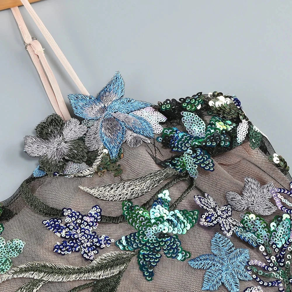 Sexy Women's Slip Straps Floral Embroidered Sequin Mermaid Dress High Split Ruffled Lace-Edge Tulle Dress for Evening Party Prom