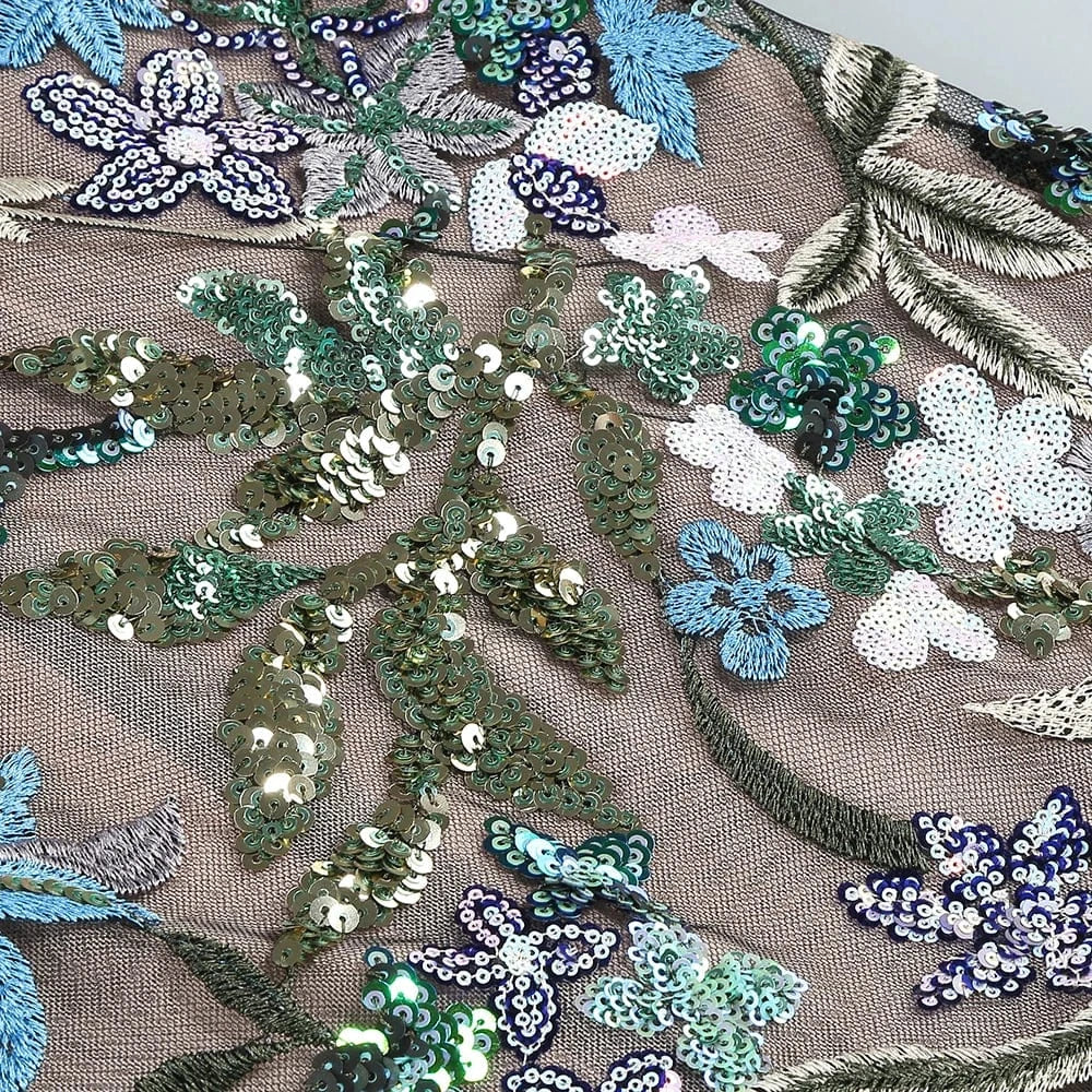 Sexy Women's Slip Straps Floral Embroidered Sequin Mermaid Dress High Split Ruffled Lace-Edge Tulle Dress for Evening Party Prom