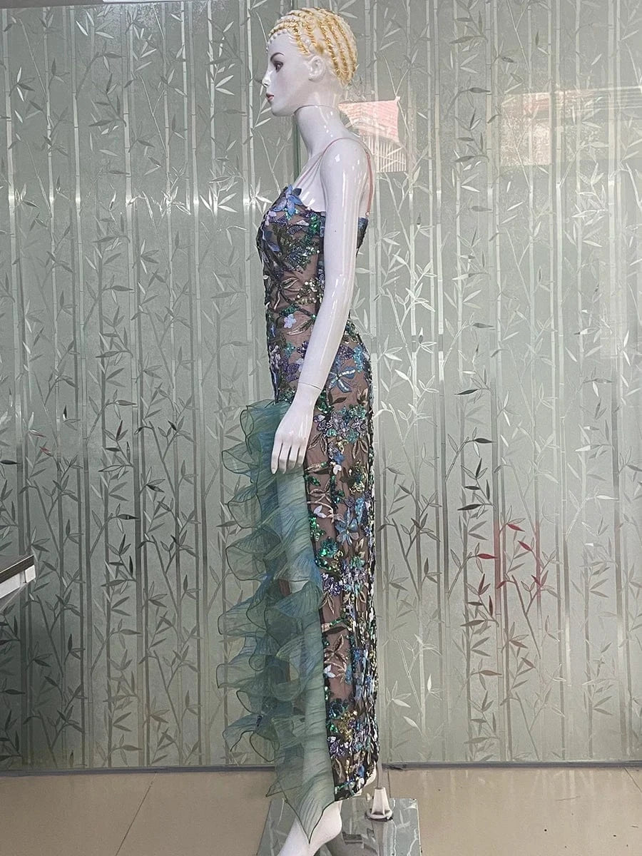 Sexy Women's Slip Straps Floral Embroidered Sequin Mermaid Dress High Split Ruffled Lace-Edge Tulle Dress for Evening Party Prom