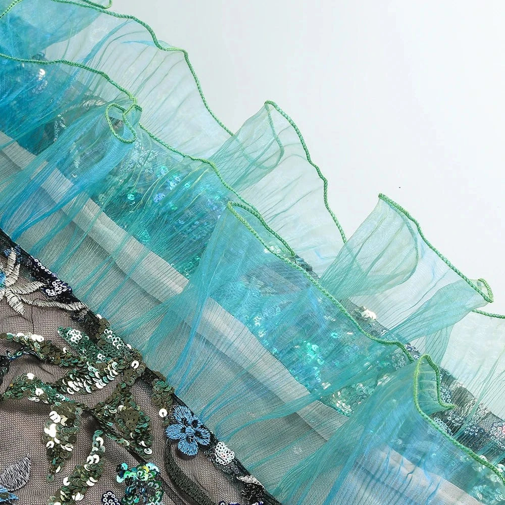 Sexy Women's Slip Straps Floral Embroidered Sequin Mermaid Dress High Split Ruffled Lace-Edge Tulle Dress for Evening Party Prom