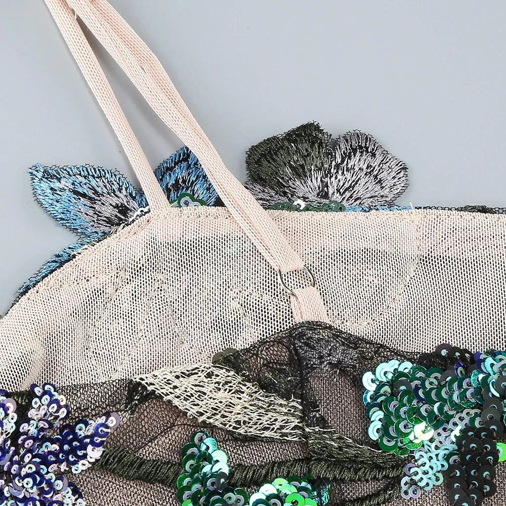 Sexy Women's Slip Straps Floral Embroidered Sequin Mermaid Dress High Split Ruffled Lace-Edge Tulle Dress for Evening Party Prom