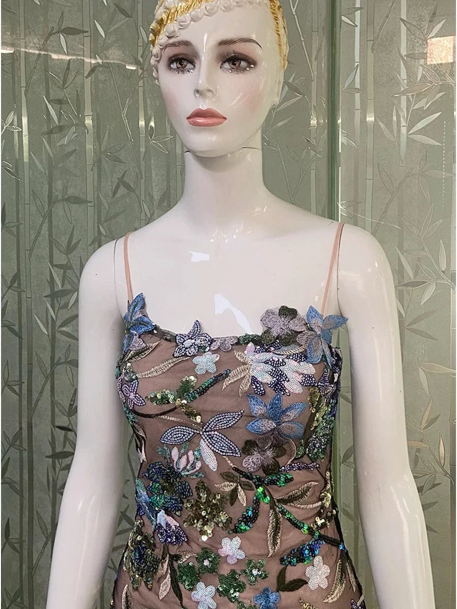 Sexy Women's Slip Straps Floral Embroidered Sequin Mermaid Dress High Split Ruffled Lace-Edge Tulle Dress for Evening Party Prom