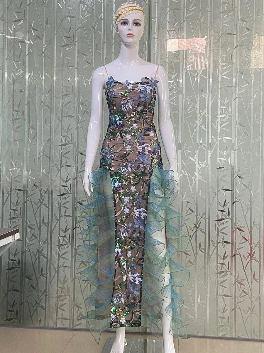 Sexy Women's Slip Straps Floral Embroidered Sequin Mermaid Dress High Split Ruffled Lace-Edge Tulle Dress for Evening Party Prom