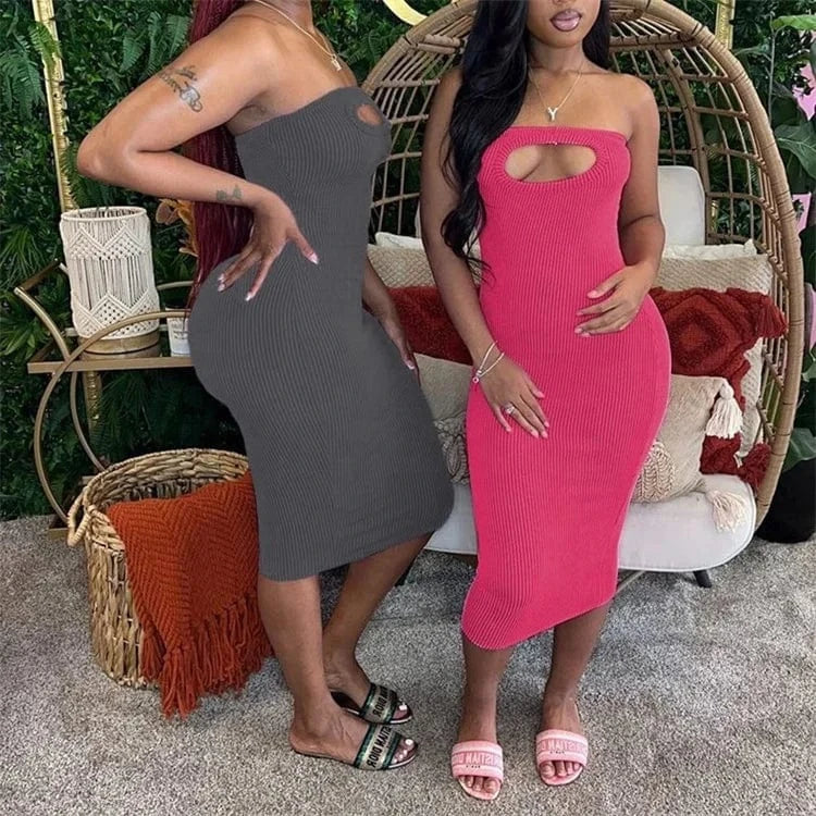 Sexy Y2K Ribber Solid Hollow Out Bodycon Tube Dresses Women Off Shoulder Sleeveless Backless Slim Dress