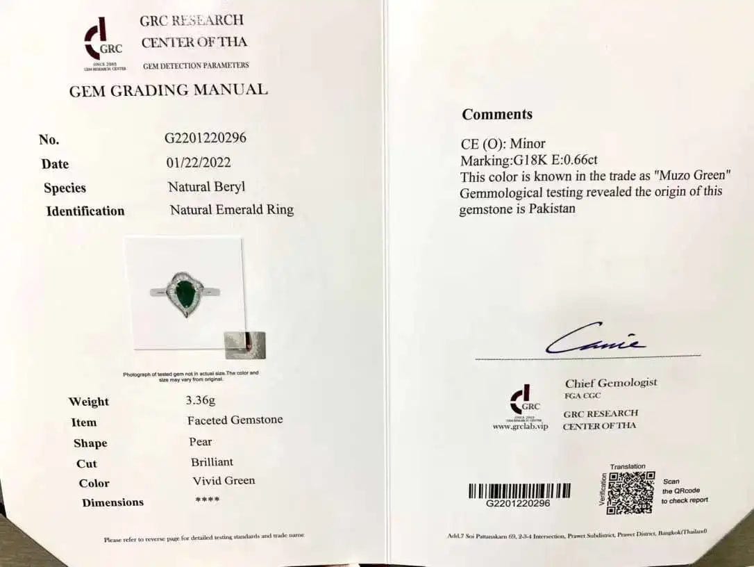 SGARIT Luxury Jewelry 18k Gold 0.66ct Natural Muzo Green Emerald  Ring Faceted Gemstones Pear Cut  jewelry with GRC certificate