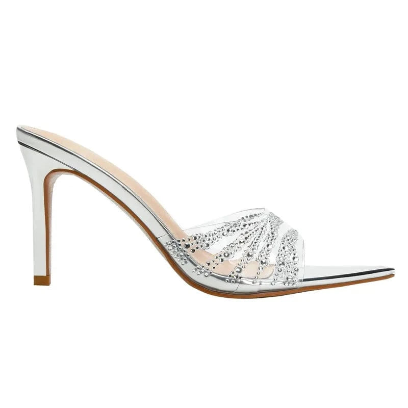 sh10788a New Design Pointed Toe Large Size 42 Lady Footwear Sexy Mules 6cm Transparent Jelly Heel Slides