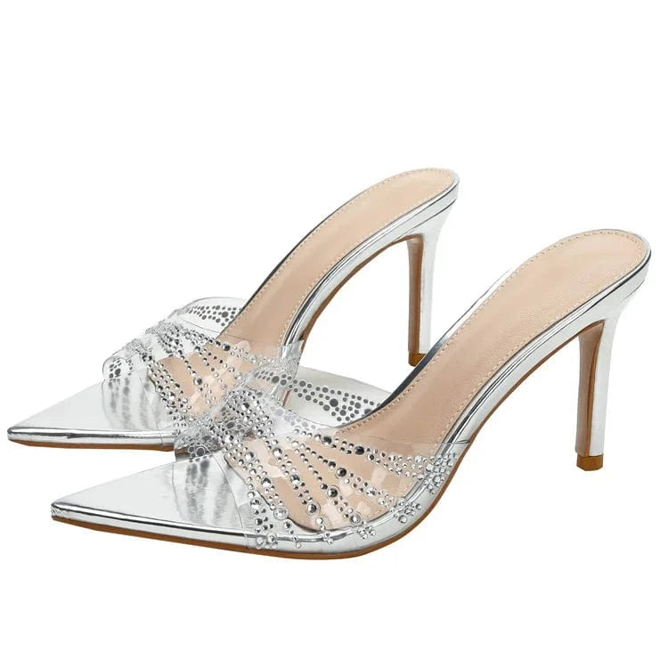sh10788a New Design Pointed Toe Large Size 42 Lady Footwear Sexy Mules 6cm Transparent Jelly Heel Slides