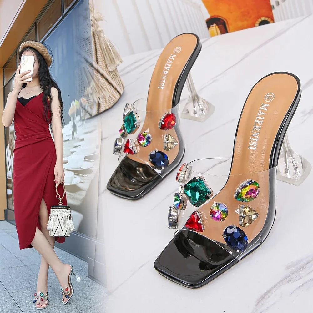 sh11157a wholesale 2023 PVC slippers transparent square heeled sandals