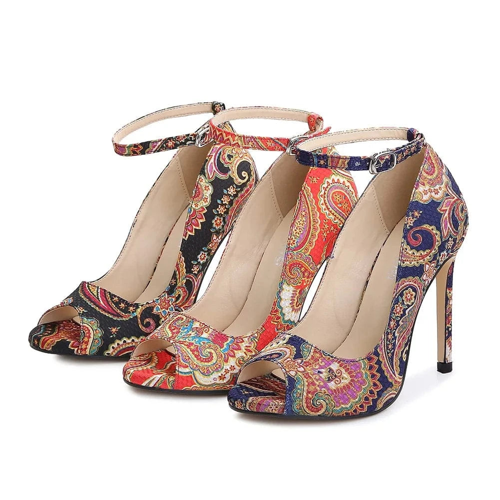 sh12414a Women Classic Pumps Extreme High Heels 11cm Sexy Stilettos Ladies Pointed Toe Shoes Printed Ankle Strap Heels
