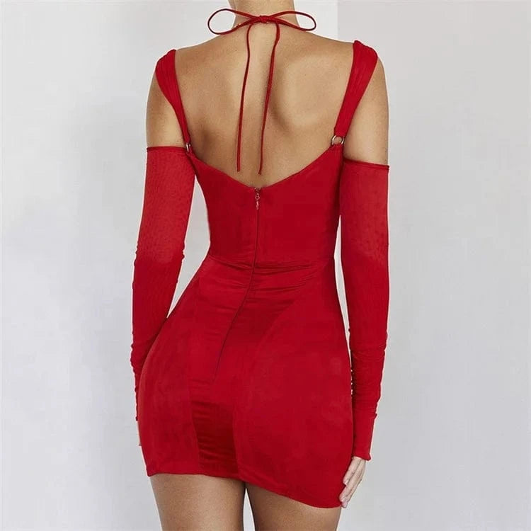Sheer Mesh Patchwork Dress Long Sleeve Corset Cut Out Backless Lace Up Short Party Dresses Sexy Club Outfits for Women