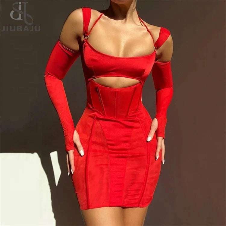 Sheer Mesh Patchwork Dress Long Sleeve Corset Cut Out Backless Lace Up Short Party Dresses Sexy Club Outfits for Women
