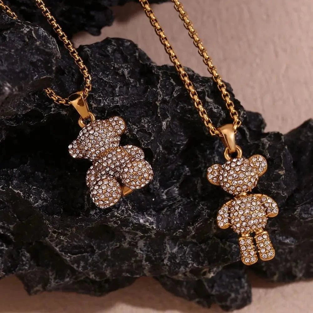 Shining Zircon Party Jewelry Cute Bear Pendant Necklace Gold Plated Rope Chain Necklace Stainless Steel