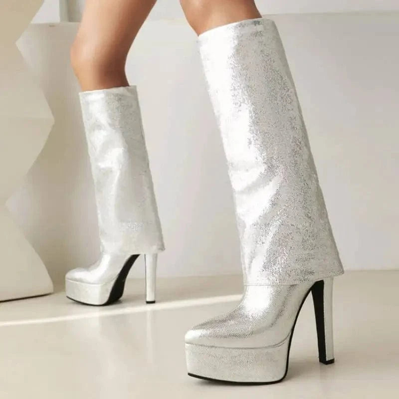 Shiny Bling Style Botas Mujer Cut Pants Thick Sole Sexy Stilettos Knee High Women Custom Platform Boots