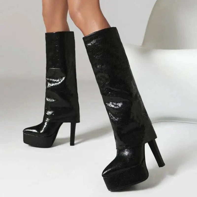 Shiny Bling Style Botas Mujer Cut Pants Thick Sole Sexy Stilettos Knee High Women Custom Platform Boots