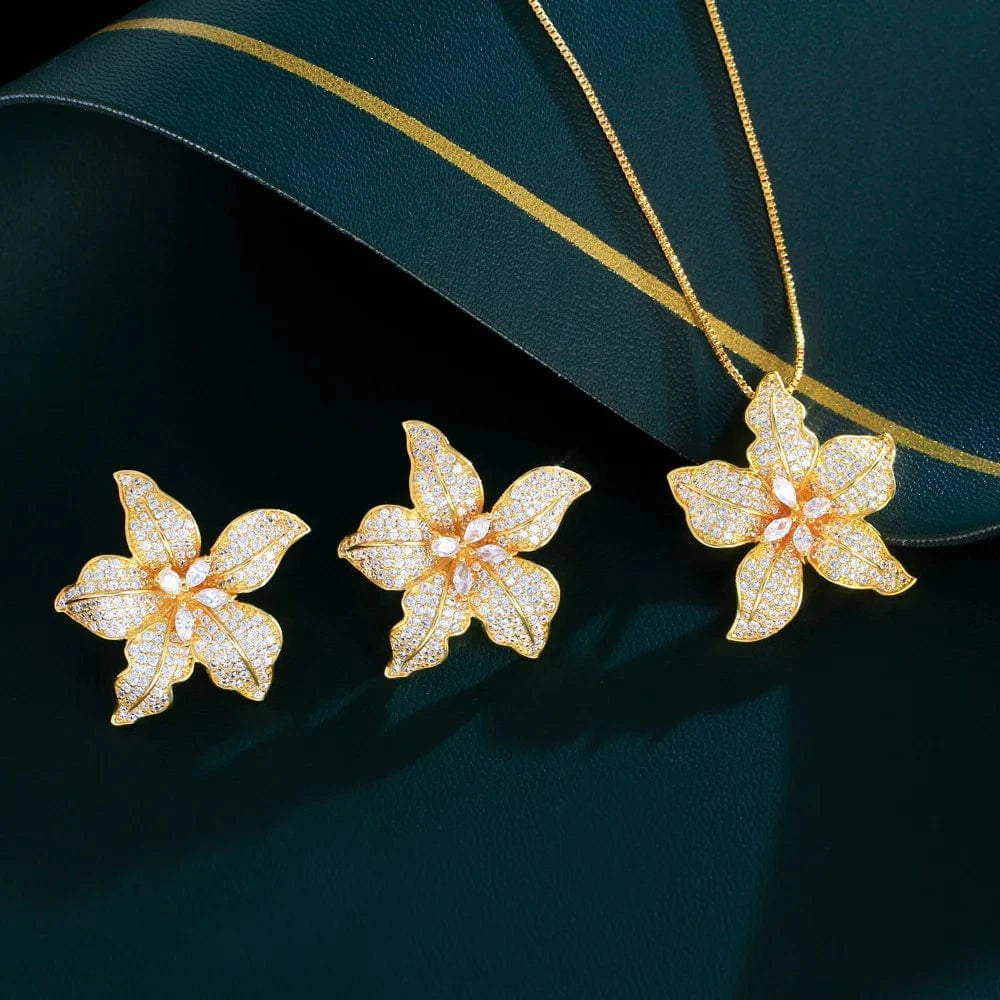 Shiny CZ Stone Big Flower Engagement African Fashion Jewelry Set for Women Micro Setting Zircon Flowers Necklace and Earrings