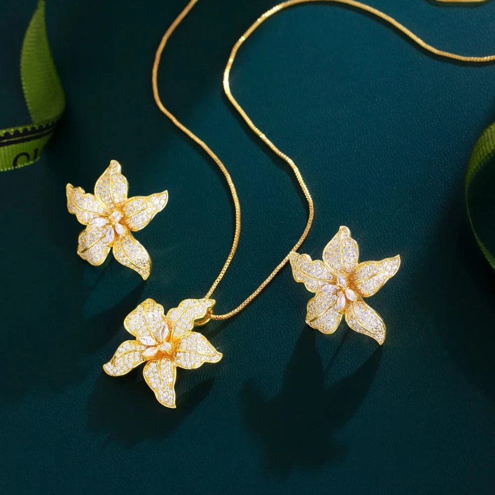 Shiny CZ Stone Big Flower Engagement African Fashion Jewelry Set for Women Micro Setting Zircon Flowers Necklace and Earrings