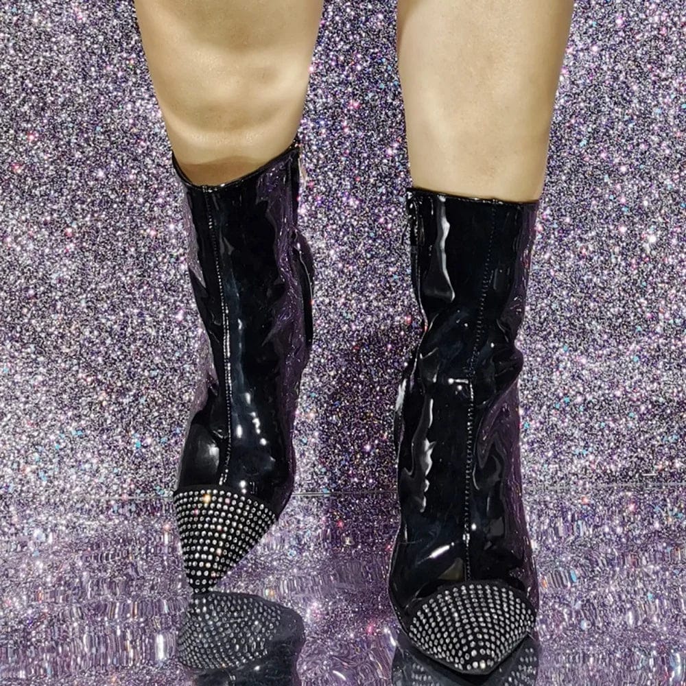 Shiny Diamonds Women Stiletto Thin Heels Short Boots Big Size 47 Patchwork Luxury Patent Shoes Dress Wide Fit Ankle Booties