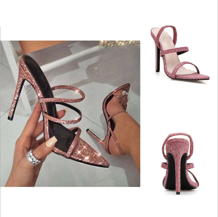 Shiny Fashion Heels Sexy Girls Summer Sandals High Stiletto Heel Mules Wholesale Heels Women Shoes New Popular Last Arrival Pink