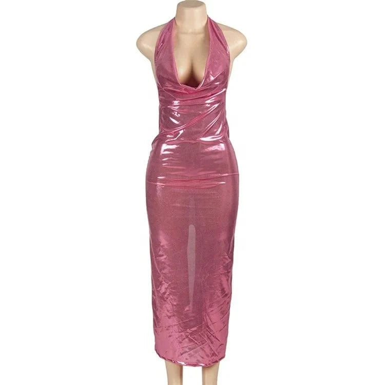Shiny Long Dresses For Women Fashion Halter Neck Backless Party Dress