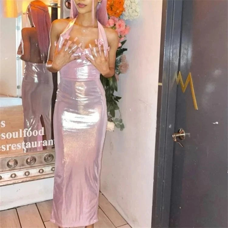 Shiny Long Dresses For Women Fashion Halter Neck Backless Party Dress