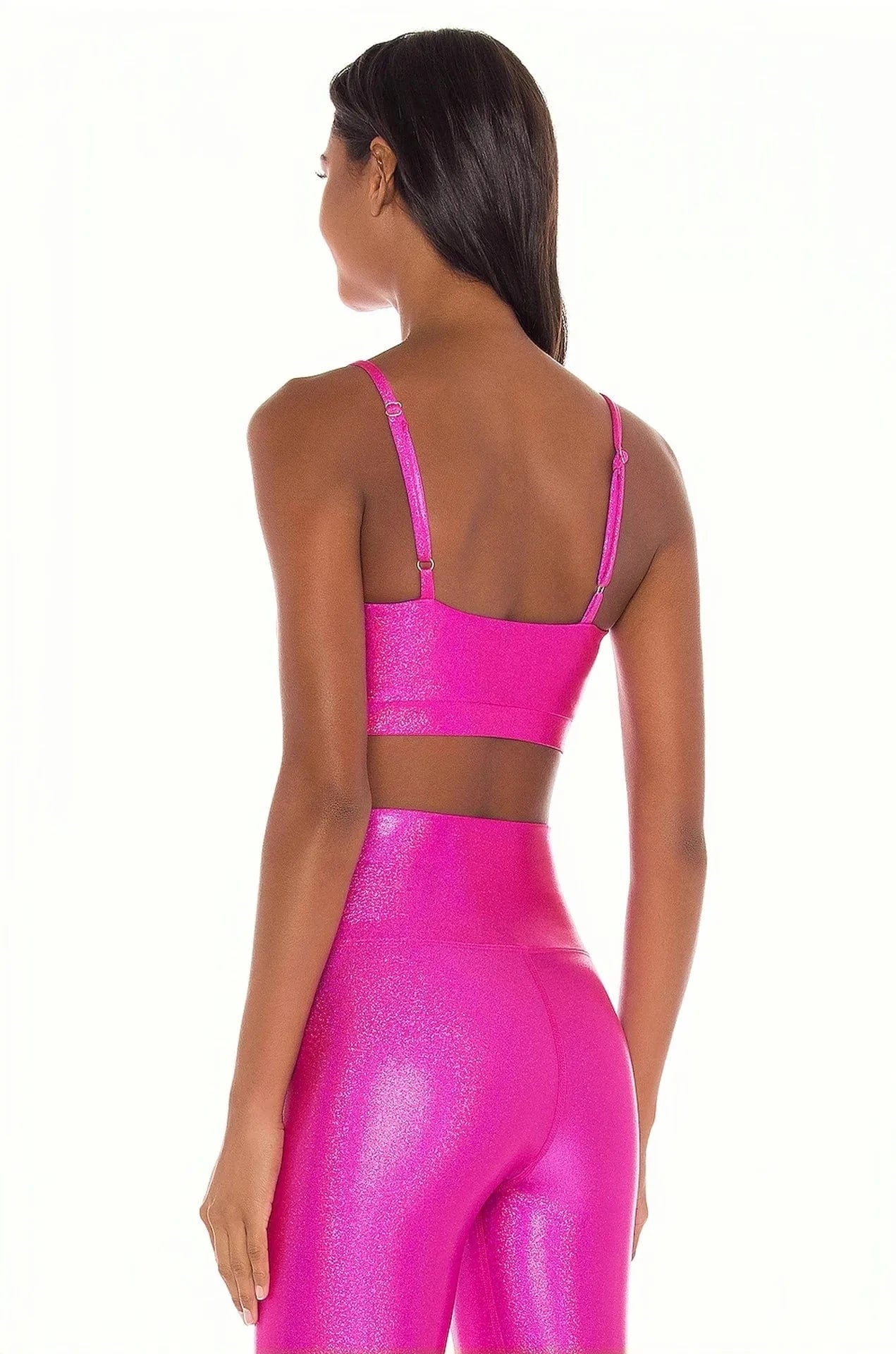 shiny pink metallic foil print ladies woman fitness workout gym yoga sports bra set for women high waist leggings set activewear