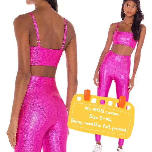 shiny pink metallic foil print ladies woman fitness workout gym yoga sports bra set for women high waist leggings set activewear
